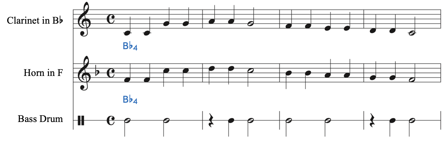 Twinkle, Twinkle Little Star with Clarinet in B-flat and horn in F in unison with bass drum